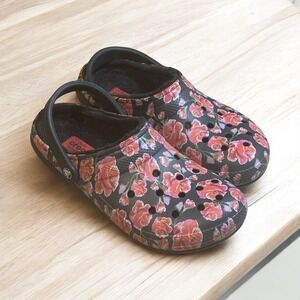 Crocs Classic Lined Clog Black Floral Roses Size 11 Women's Comfort Shoes